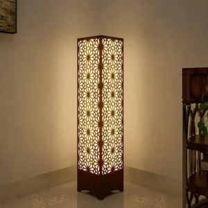 wooden floor lamp geometric cutouts