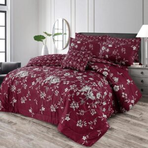 7 Pcs Comforter Set Double Bed - Maroon Floral Print with Filled Comforter