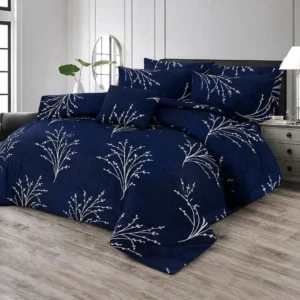 7 Pcs Comforter Set Double Bed - Navy Blue Floral Print with Filled Comforter