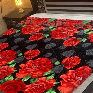 Printed Fleece Double Bed Blanket - Black & Red Rose Floral Soft Winter Blanket