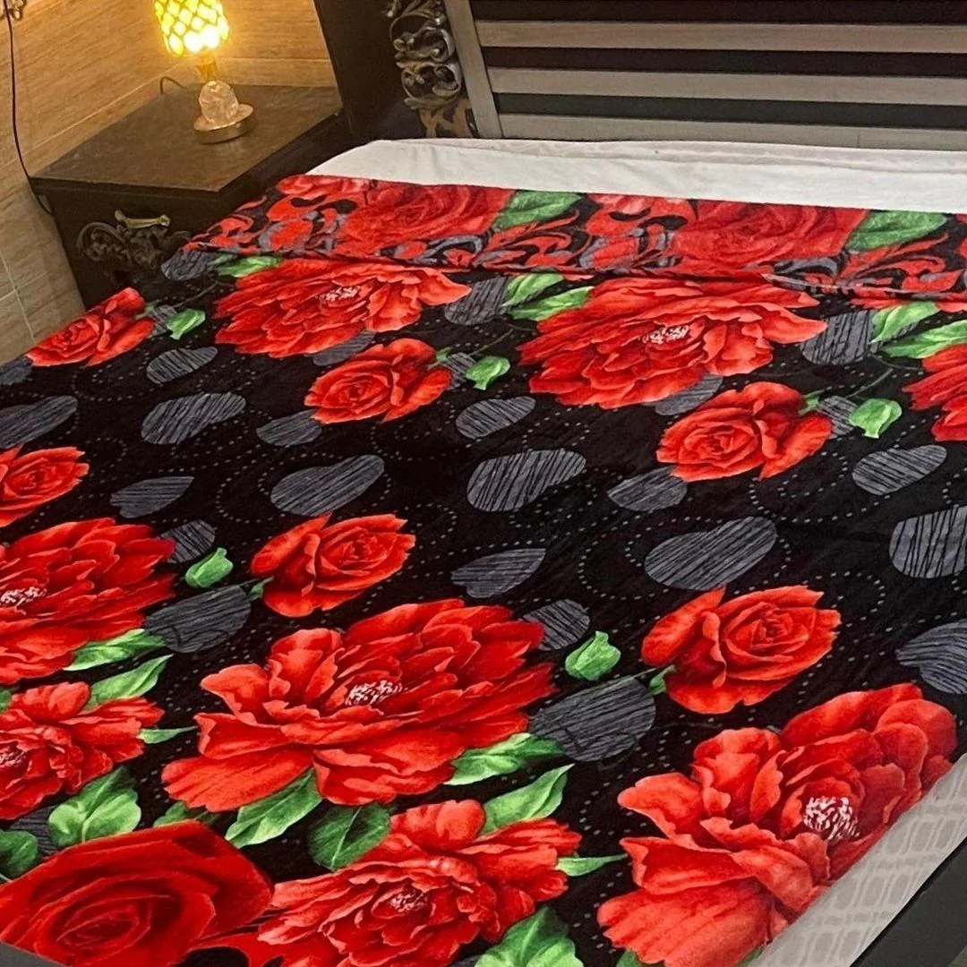 Printed Fleece Double Bed Blanket - Black & Red Rose Floral Soft Winter Blanket