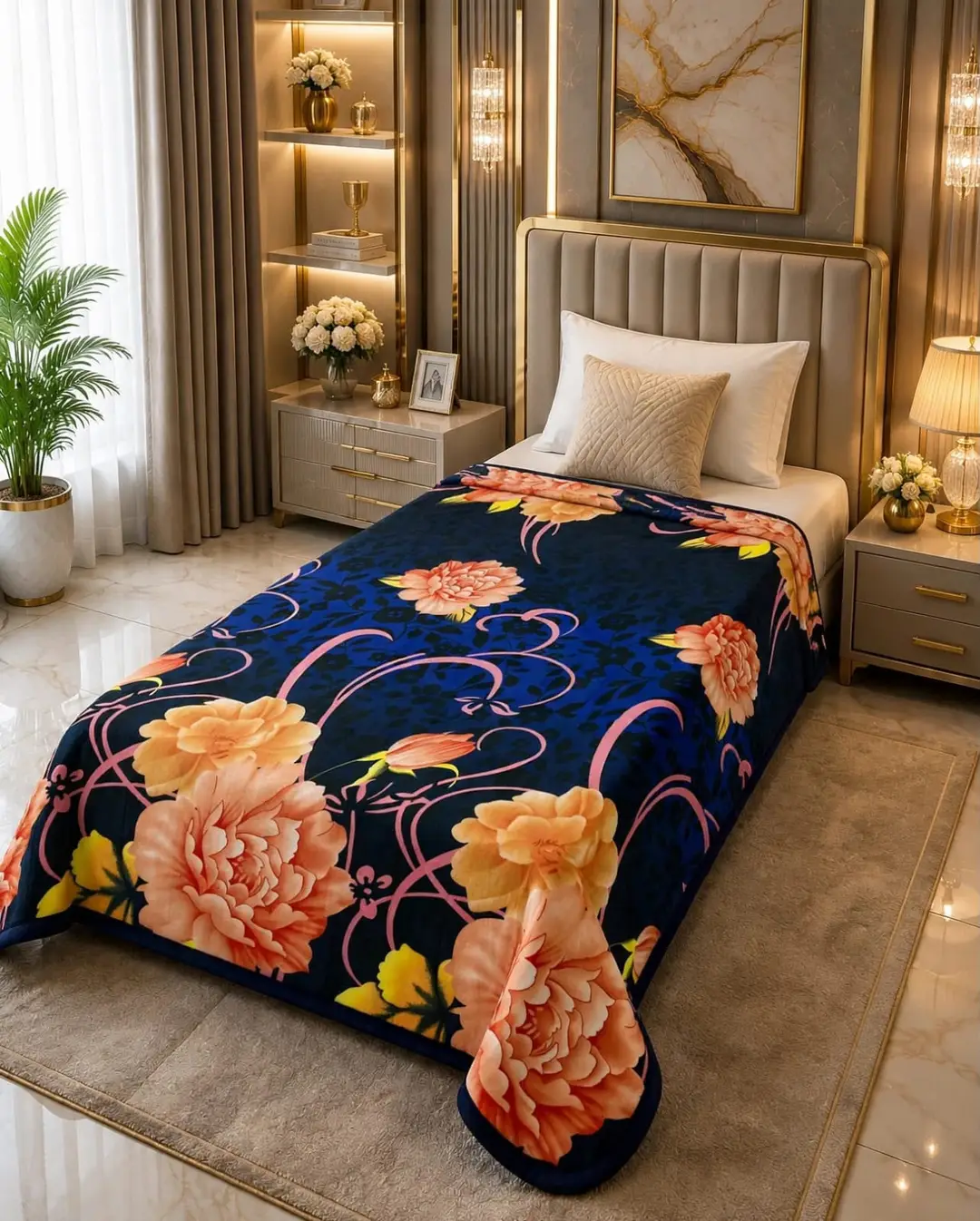 Printed Fleece Single Bed Blanket 89 x 60 Inch - Blue Floral Winter Blanket