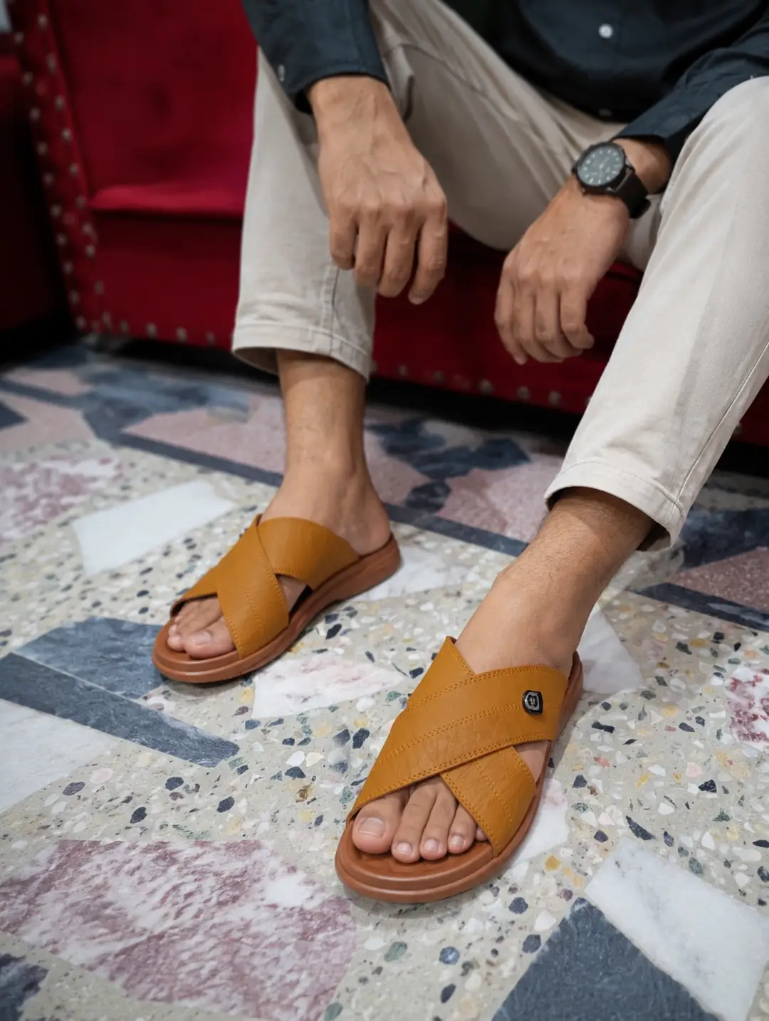 Men's Cross Strap Slide Sandals - Tan Brown Comfortable Slippers (Size 6-11) – photo 2