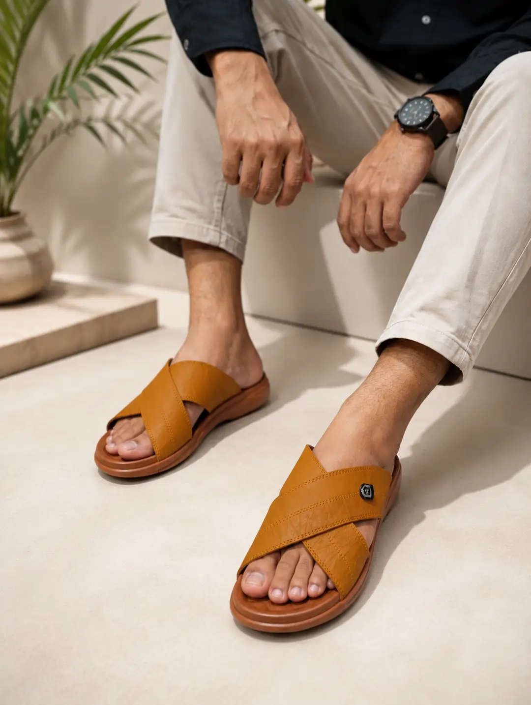 Men's Cross Strap Slide Sandals - Tan Brown Comfortable Slippers (Size 6-11) – photo 3