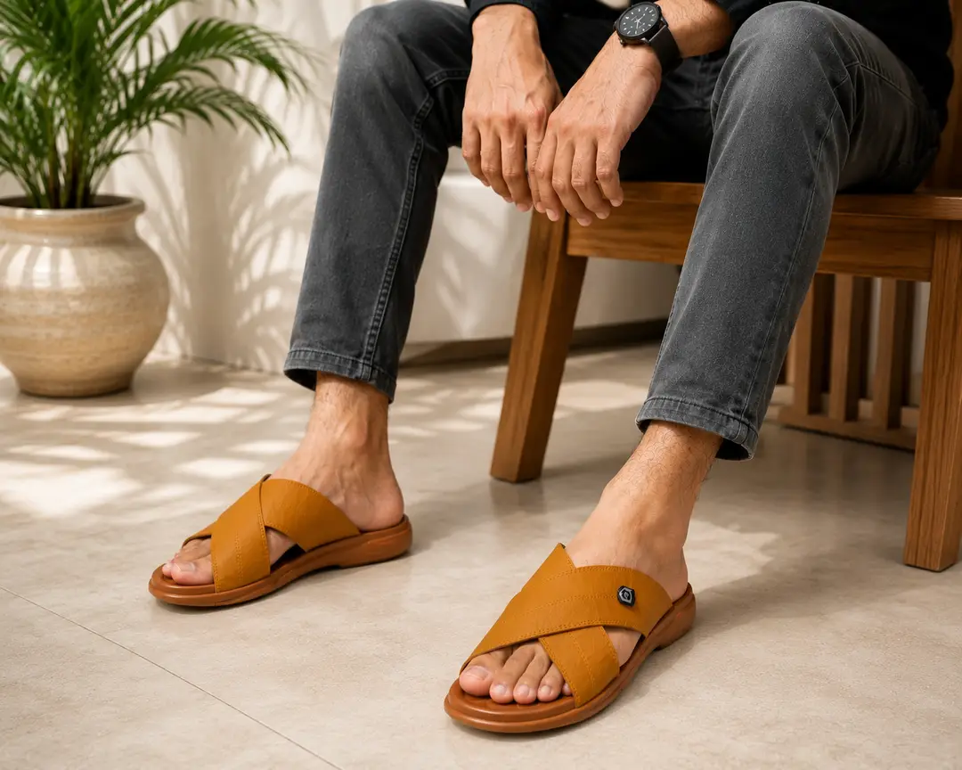 Men's Cross Strap Slide Sandals - Tan Brown Comfortable Slippers (Size 6-11) – photo 7