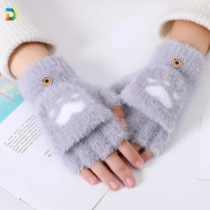 Women Fingerless Gloves with Mitten Flap - Fluffy Heart Design Winter Gloves