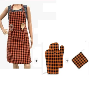 Cotton Apron and Oven Mitts Set - 4-Piece Checkered Kitchen Set