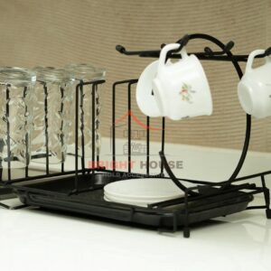 black metal mug and glass holder