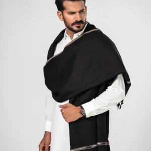 Men's Black Wool Pashmina Shawl 2.5 Yards - Plain Winter Chadar with Woven Border