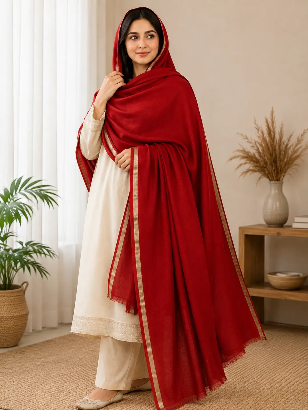 Women's Pashmina Wool Shawl Red - Plain with Golden Border, 2.5 Gaz