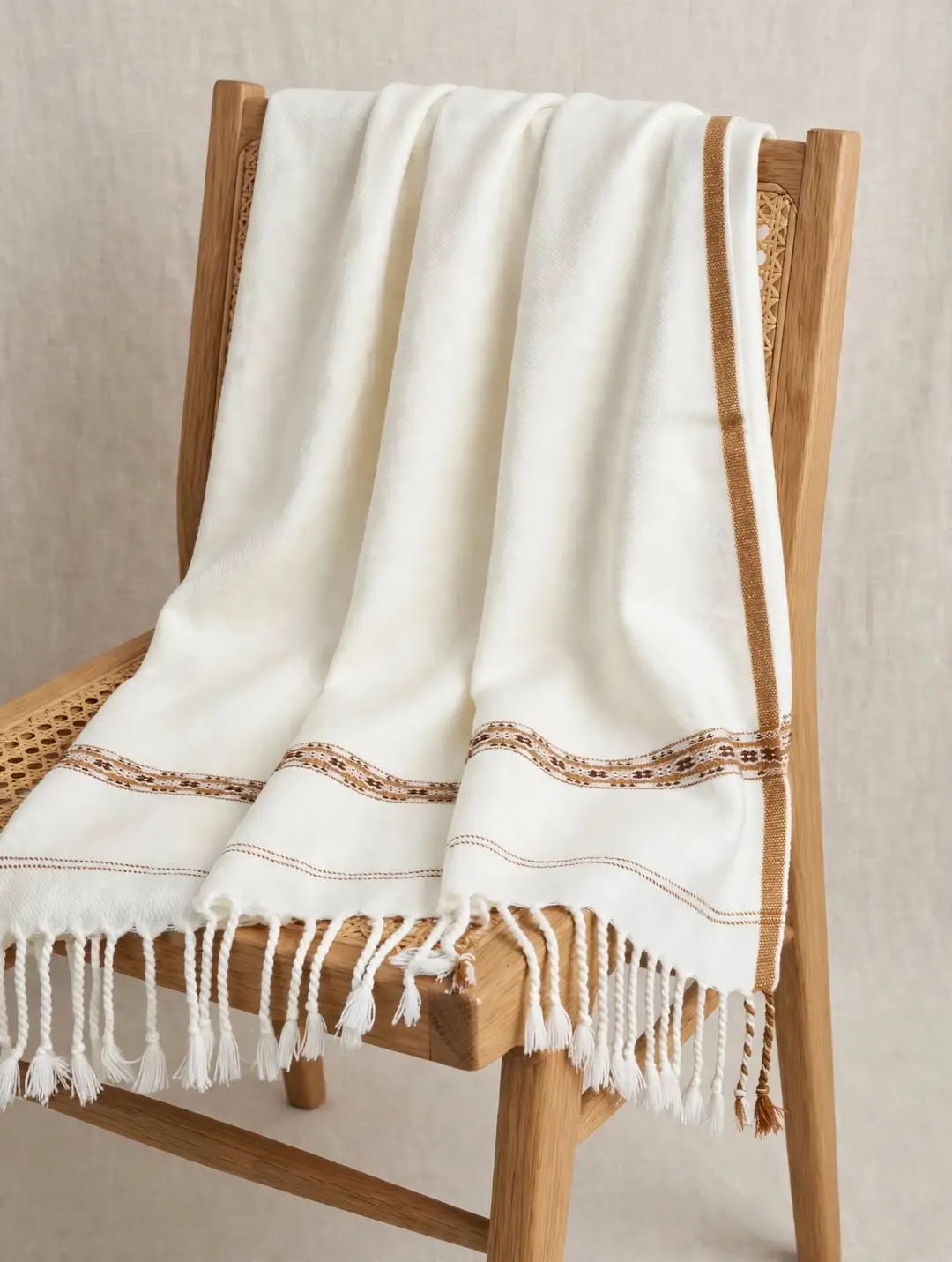 Men's Off-White Wool Texture Shawl - Winter Chadar with Brown Woven Border – photo 2