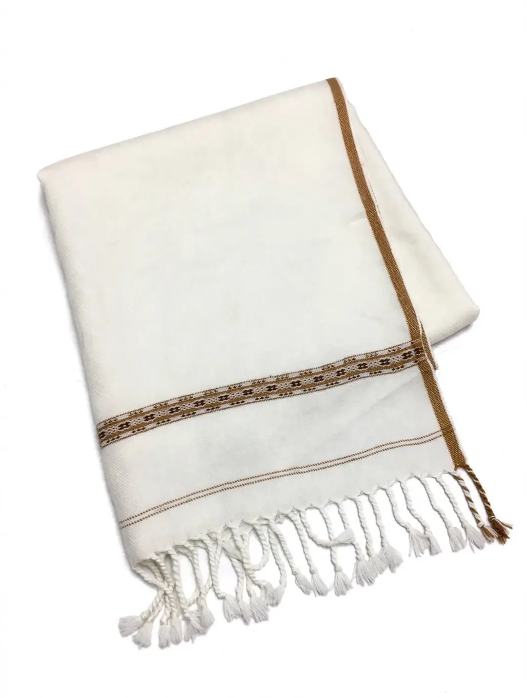 Men's Off-White Wool Texture Shawl - Winter Chadar with Brown Woven Border – photo 3