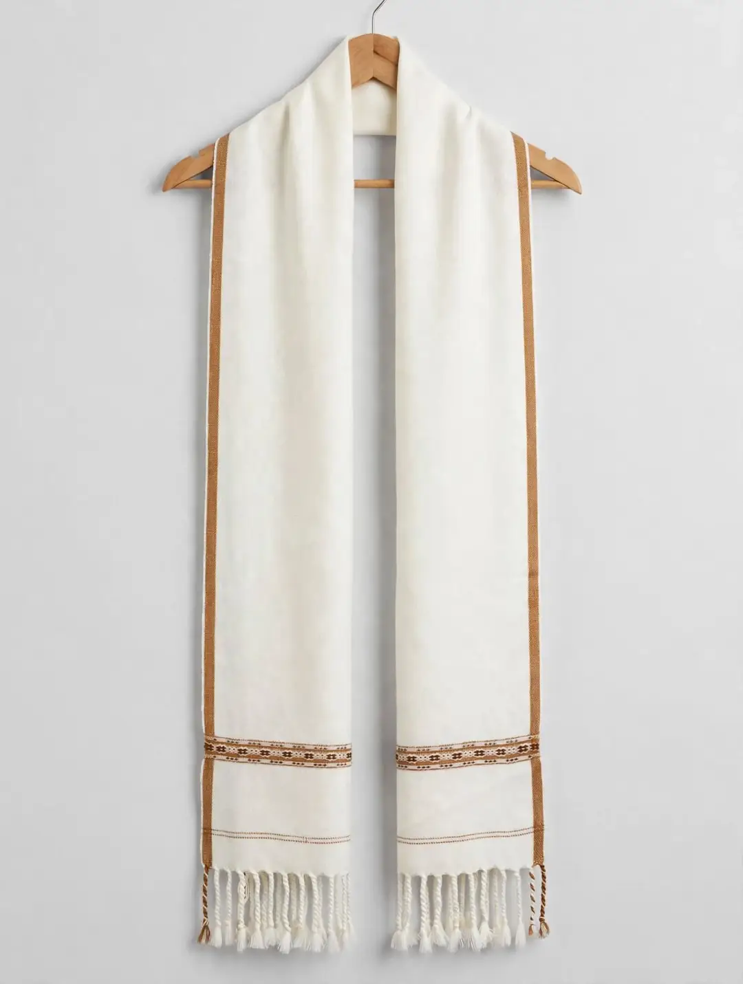 Men's Off-White Wool Texture Shawl - Winter Chadar with Brown Woven Border – photo 4