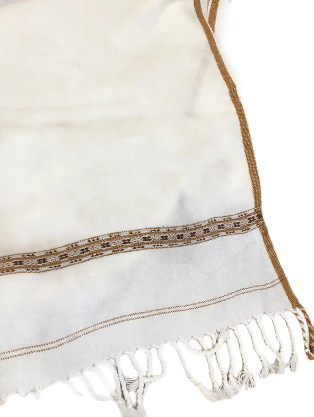 Men's Off-White Wool Texture Shawl - Winter Chadar with Brown Woven Border – photo 5