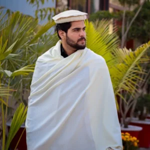 Men's Off-White Wool Texture Shawl - Winter Chadar with Brown Woven Border