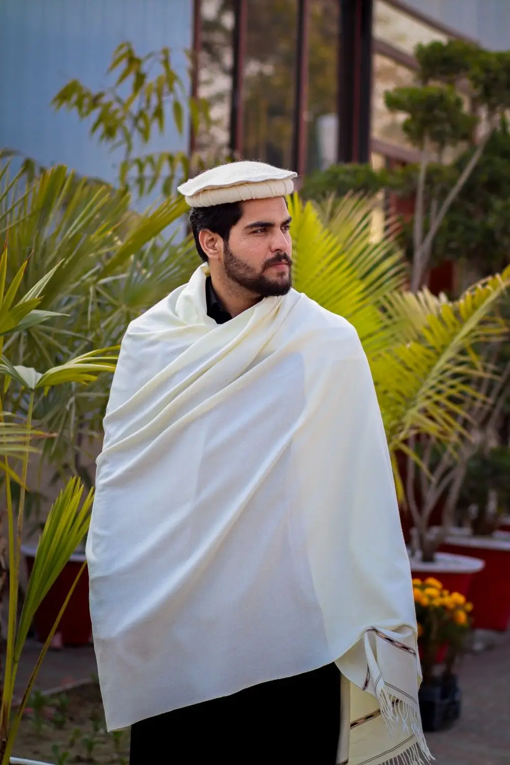 Men's Off-White Wool Texture Shawl - Winter Chadar with Brown Woven Border