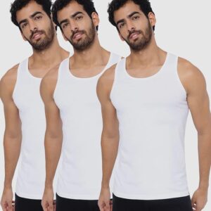 Men's White Cotton Undershirts Pack of 3 - Sleeveless Vests (Large)