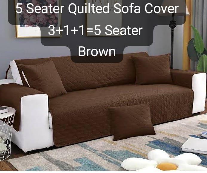 5 Seater Quilted Sofa Cover Set - Brown Cotton Sofa Protector (3+1+1)