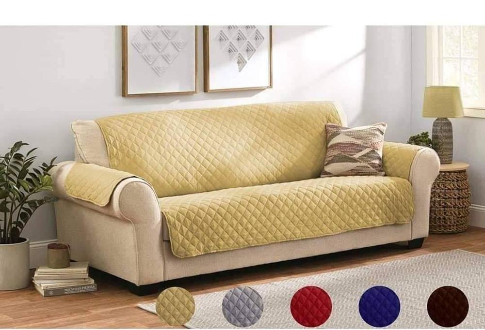 7 Seater Quilted Sofa Cover - Beige 3-Layer Cotton Polyester Sofa Protector