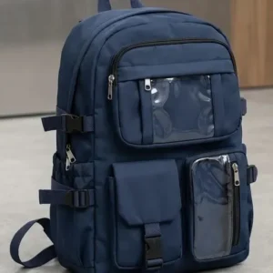 Casual Nylon Backpack with Transparent Front Pocket - 16.7 x 13.5 Inch
