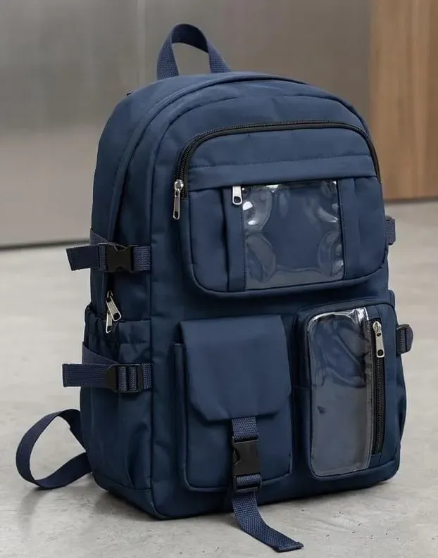 Casual Nylon Backpack with Transparent Front Pocket - 16.7 x 13.5 Inch